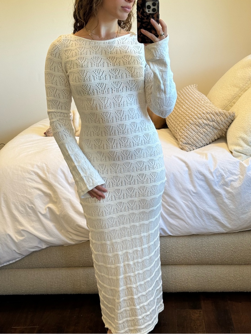 Women's Long White Knit Maxi Dress - Long Sleeve Bathing Suit Coverup